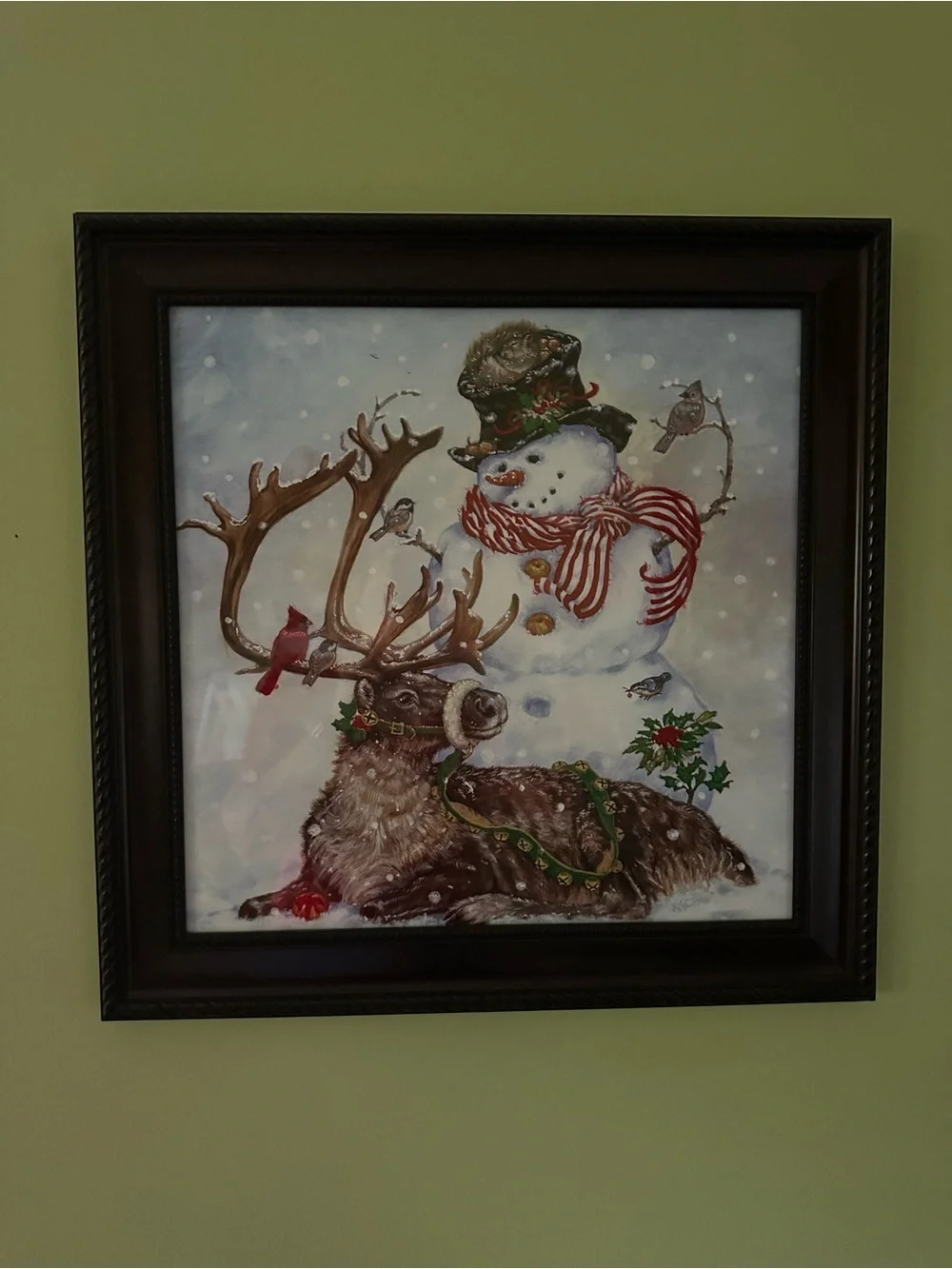 Holiday Snowman & Reindeer Framed Wall Art - Brown Frame